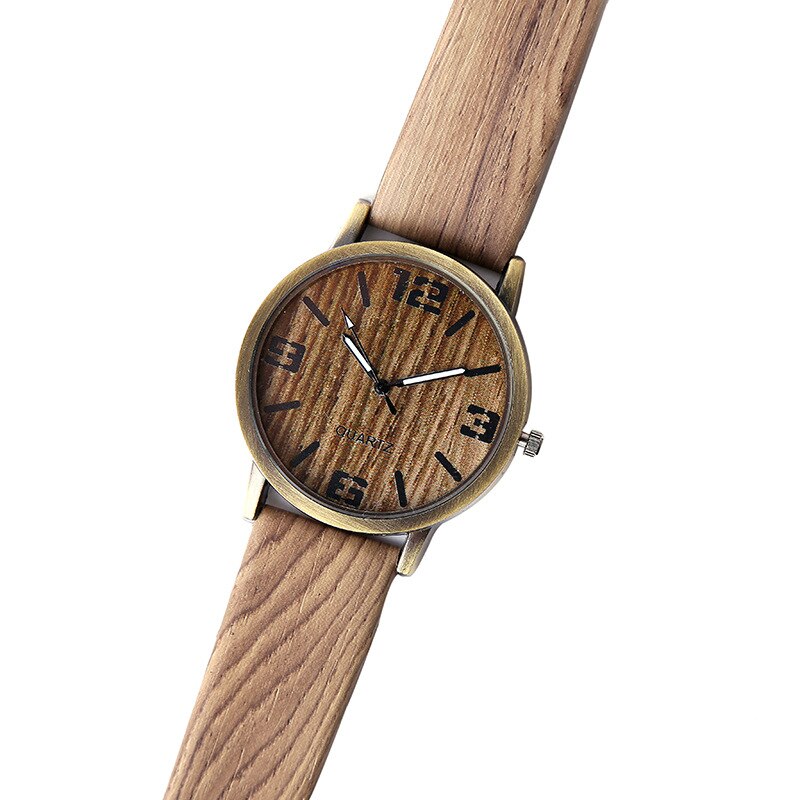 Heren-/dameshorloges met de klok mee, weergave van houtnerf, levensecht patroon, kwartsleren horloge, vrijetijdshorloge, roestvrijstalen wijzerplaat