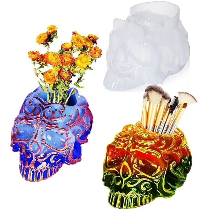Boîte de rangement tête de mort en résine, grands moules à bougies tête de mort 3D pour élection, résine xy, porte-pinceau de maquillage tête de mort, moules en silicone pour résine Ca