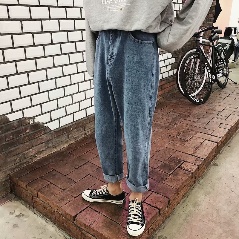 Mænd jeans retro løse ins harajuku solid ankellang chic all-match ulzzang trendy daglig streetwear herre student enkel