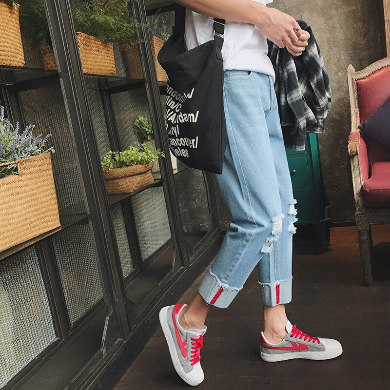 Ripped Hole Denim Cowboy Pants For Men Korean Slim Feet Male Jeans Beggar Youth Man Clothes Hip Hop Jeans