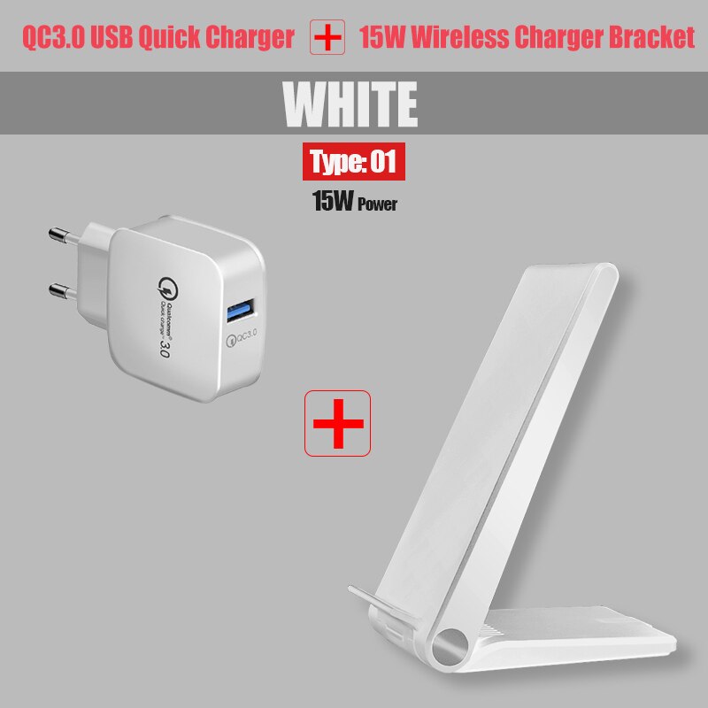 Qi Draadloze Oplader Stand 15W Snel Opladen Voor Huawei Mate 20 Pro Samsung Note 10 Draadloze Lading Pad Voor iphone 11 Pro X Xs Xr: Type 1 QC3.0 White