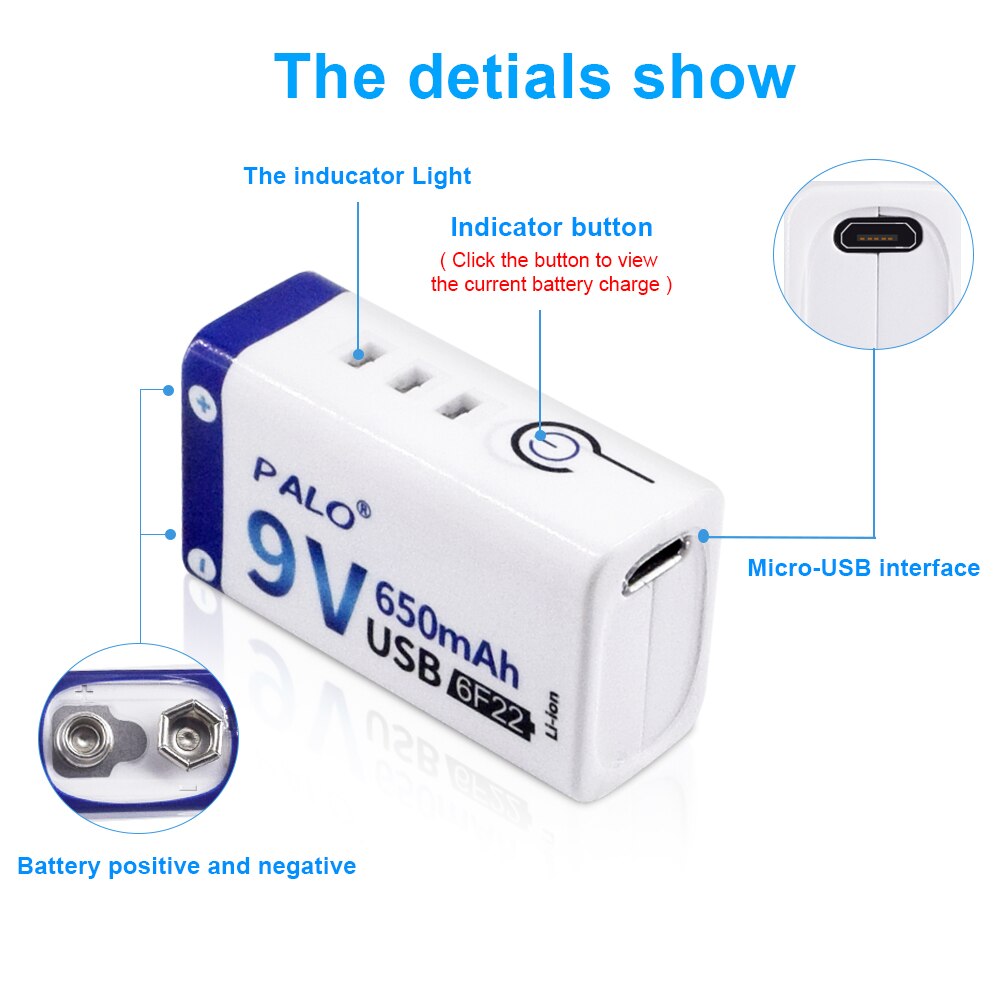 1-12pcs USB 9V lithium rechargeable battery 9V 650mAh li-ion batteries led display