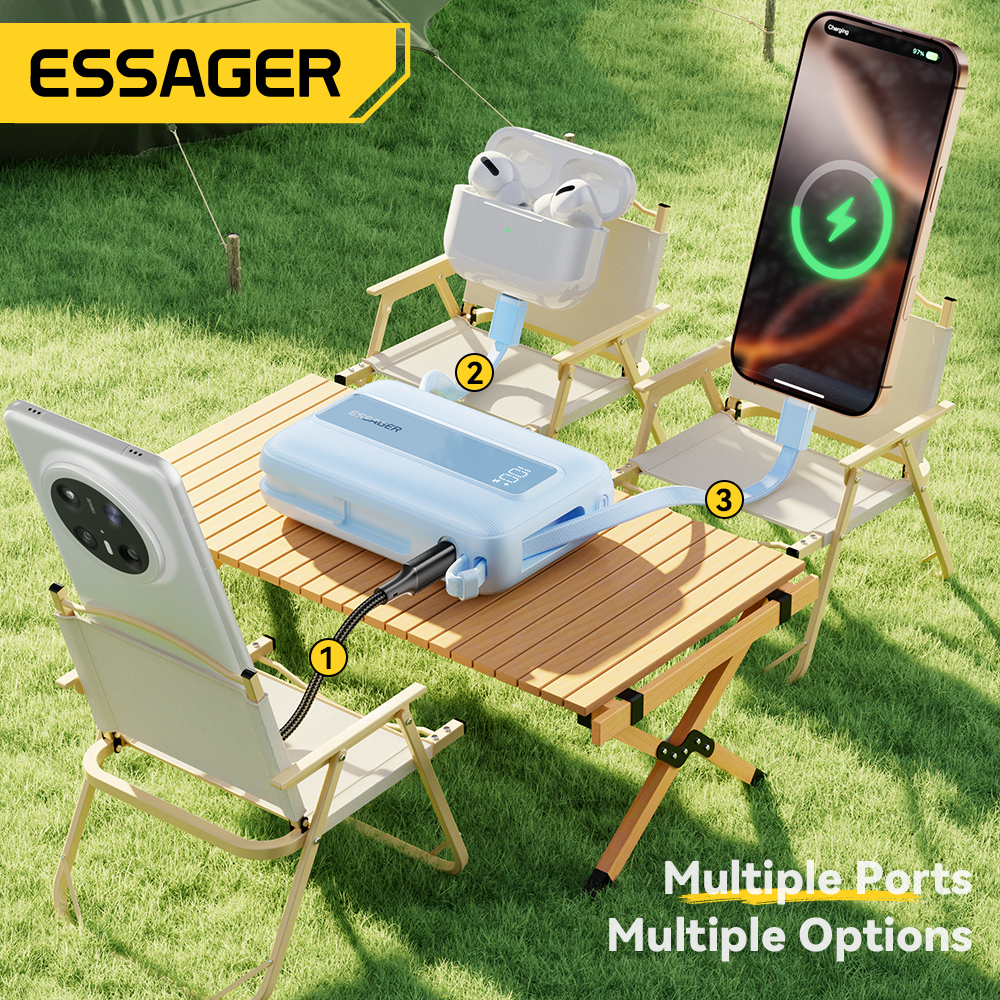 Essager 20000mAh Power Bank PD22.5W Dual Cable Fast Charging Powerbank Portable External Battery Charger For iphone Huawei ipad