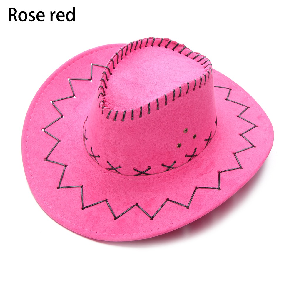 1pc vintage cowboy jazzhat western stil ruskind bredskygge jazz filt fedora kasket fancy dress tilbehør til mænd kvinder: Rosenrød