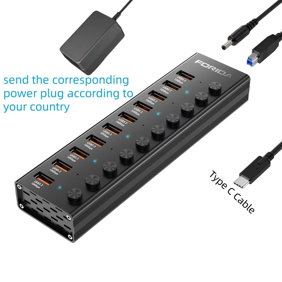 FORIDA 10 puertos USB A 3,2 extensión USB C Hub 10Gbps estaciones de acoplamiento interruptor de encendido/apagado divisor de energía para ordenador portátil Macbook de escritorio: Marrón