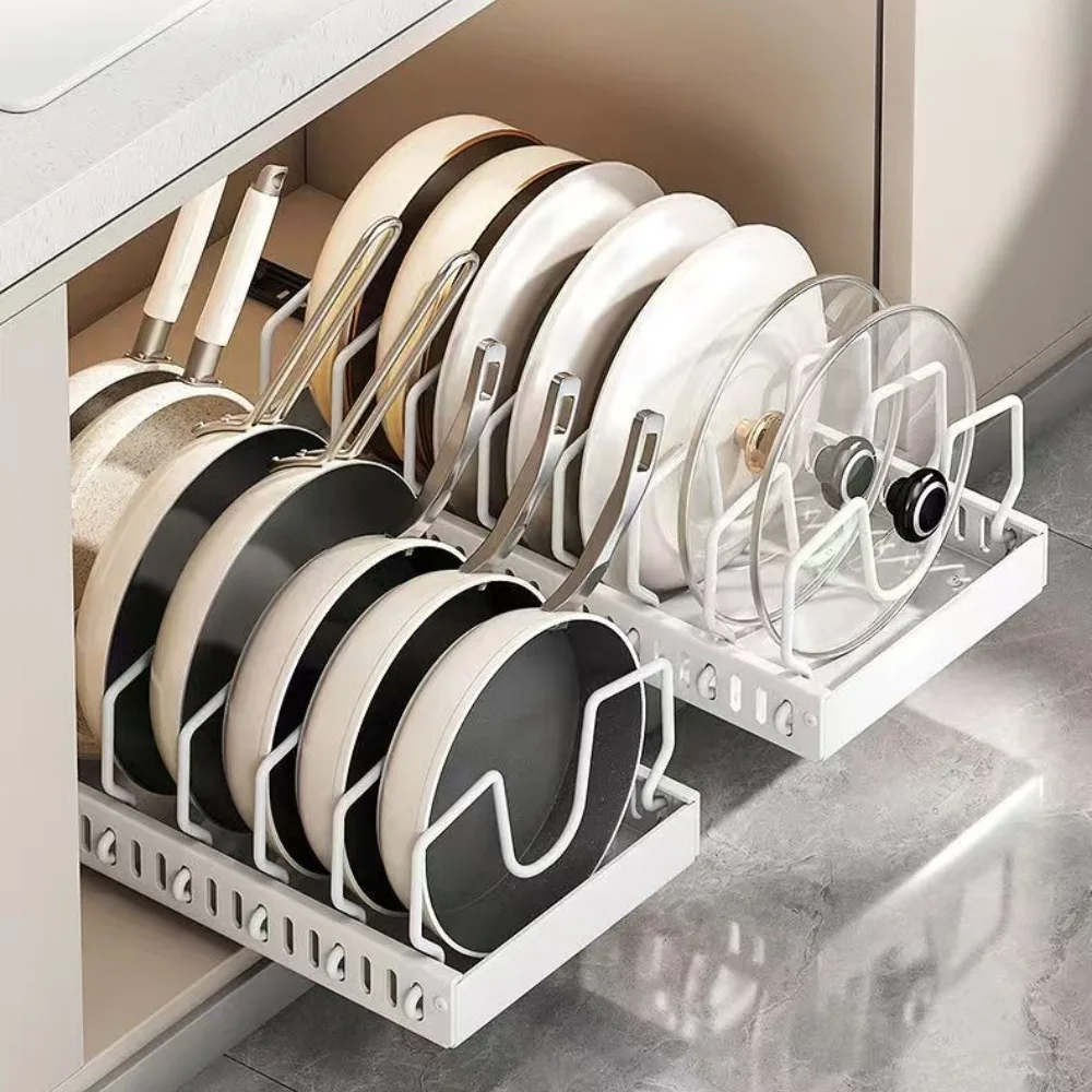 Estante extraíble para ollas de cocina, bandejas ajustables para armario, estante de partición para platos con rieles deslizantes, bandeja organizadora, estantes de almacenamiento para cajones