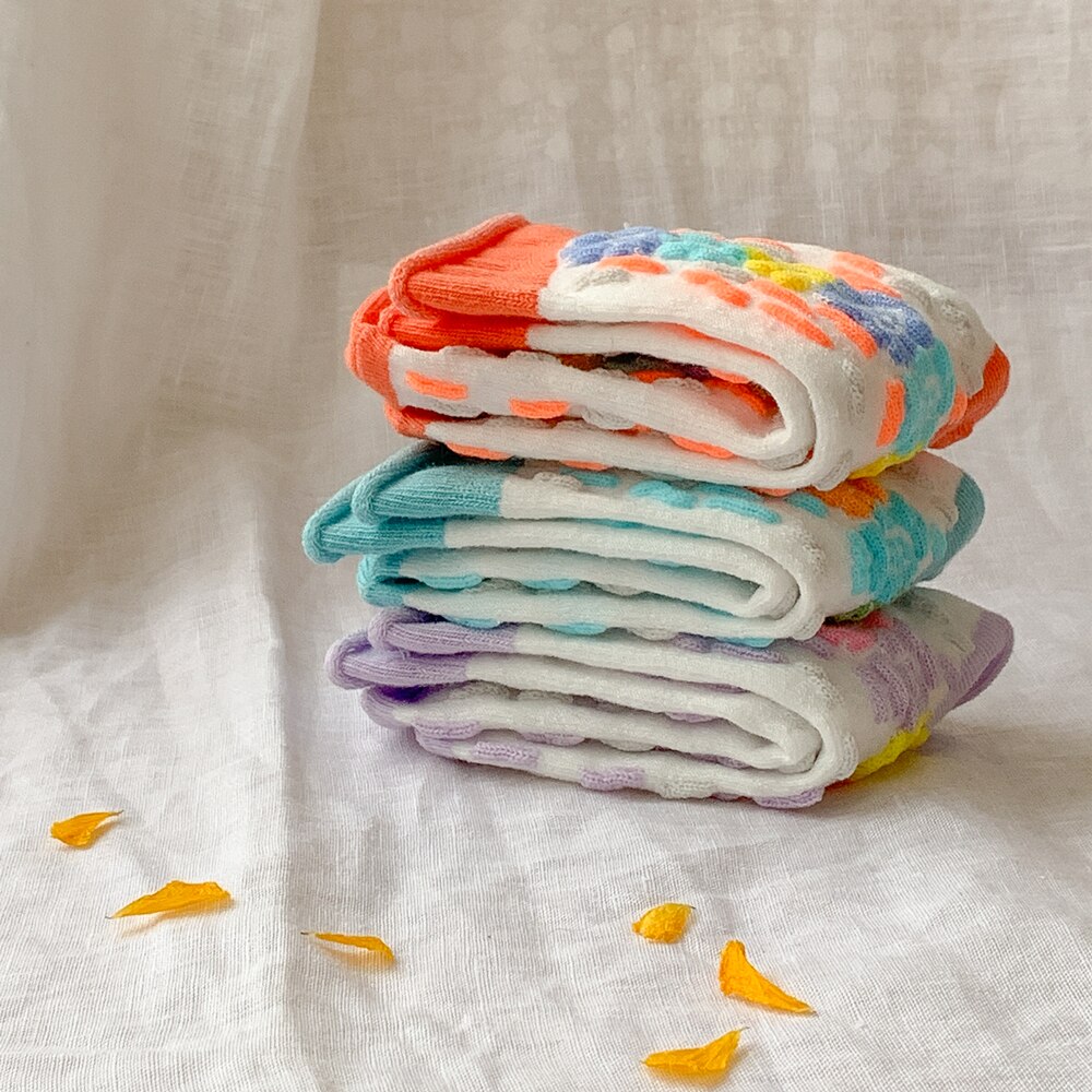 Calzini estivi a bolle per ragazze bordi arrotolati creativi Design fiori calzino per bambini calzino corto in morbido cotone traspirante per bambini 3 paia