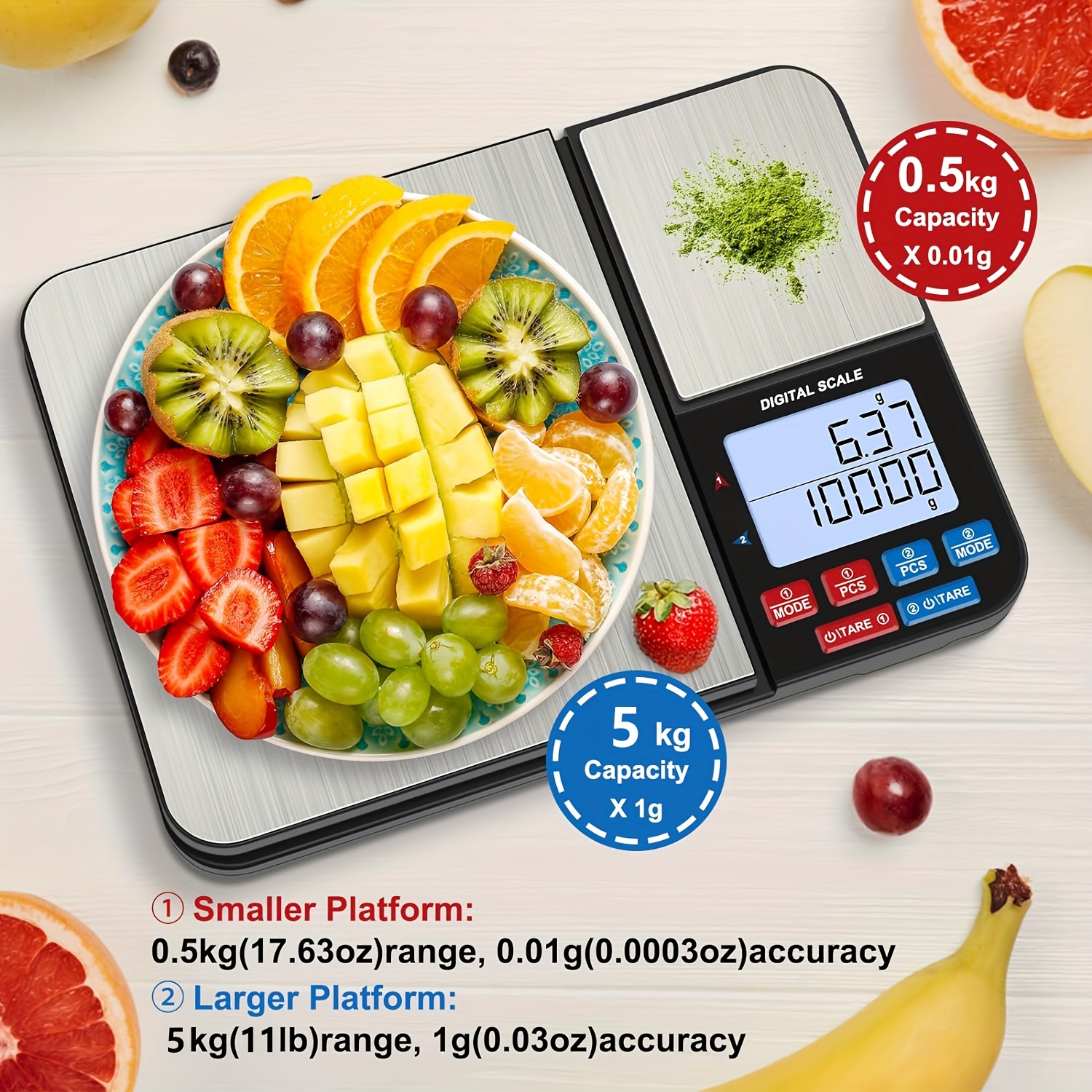 1-delige grote digitale keukenweegschaal met dubbel platform, twee accuracies 0,01 g/0,001 oz en 0,1 g/0,01 oz, maximale capaciteit 5 kg/11 lb