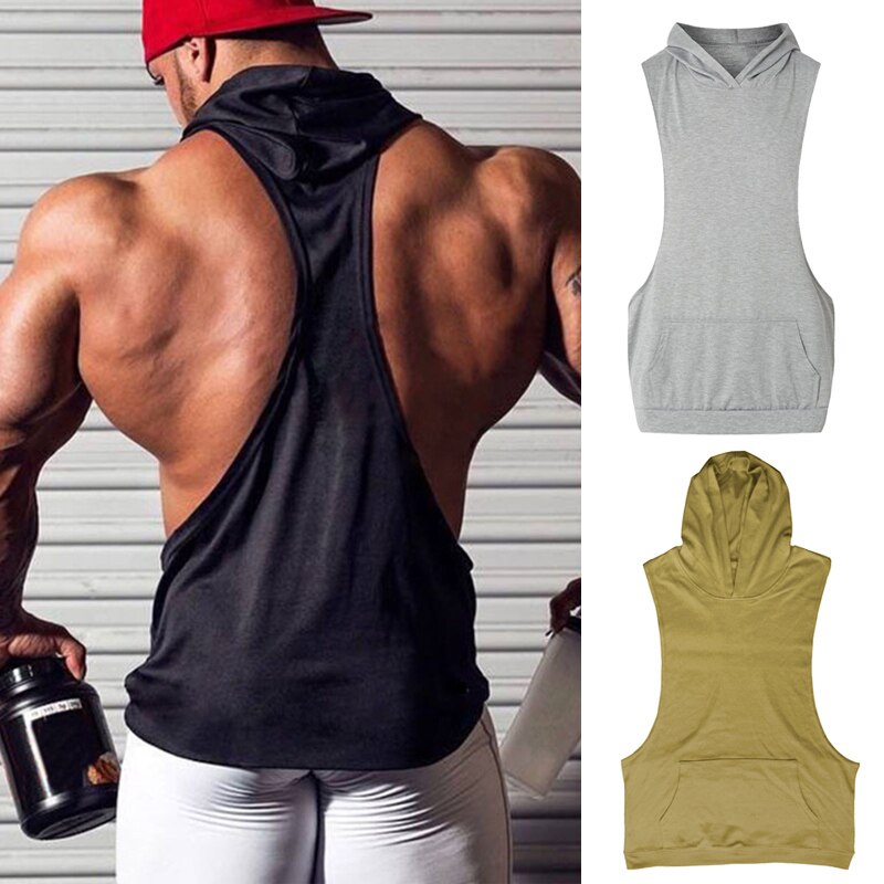 Men Fitness Hooded Tank Tops Sleeveless Casual Tops Hoodies with Pockets FH99