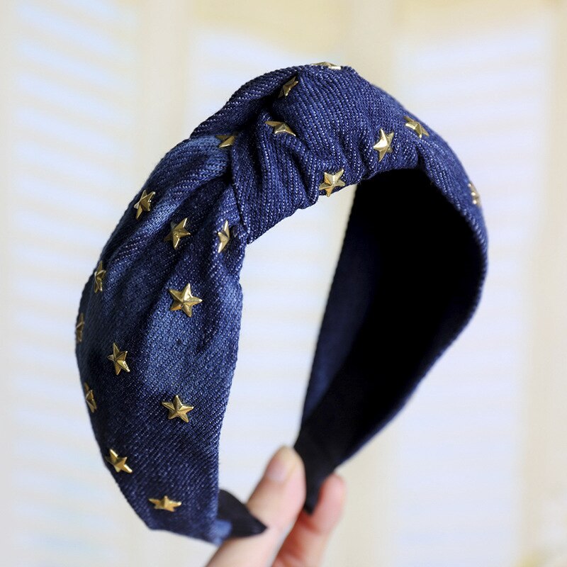 Vintage Sterren Jewel Rhinestone Denim Haarband Voor Vrouwen Knot Tulband Hoofdband Meisjes Haar Accessoires Bandeau Cheveux Opaska Doen: C606 dark blue
