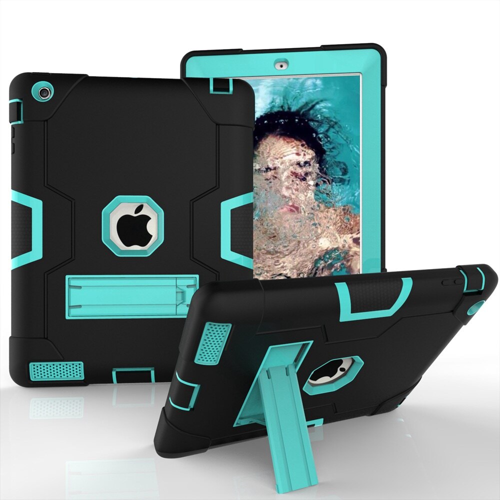 For Apple iPad 2 3 4 A1458 A1459 A1460 A1416 A1397 Case Shockproof Kids Safe PC Silicon Hybrid Stand Full Body Tablet Cover: Black - Aqua