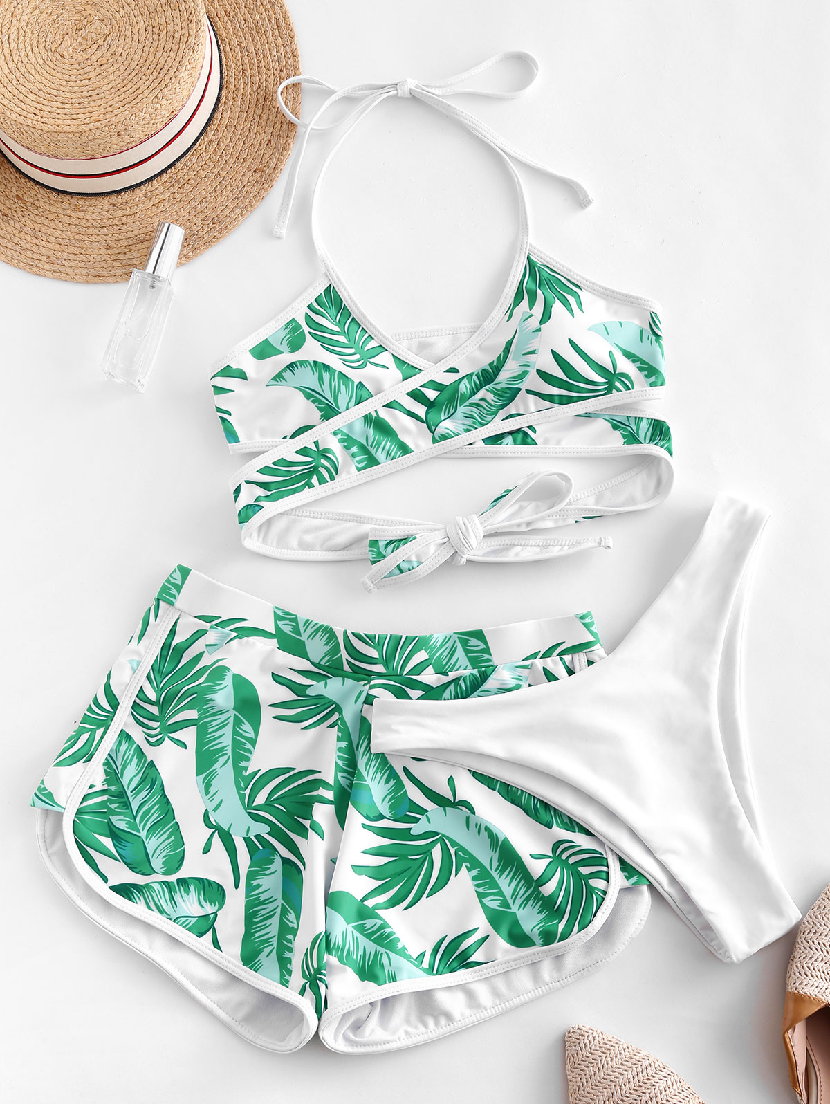 Zaful Leaf Print Halter Drie Stuk Bikini Set