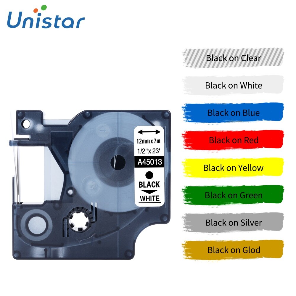 Unistar 1Stck A45013 12mm Kennzeichnung Band Kompatibel für Dymo Etikett Hersteller 210D 360D 280 160 A45010 A45018 A45016 a45017 A45019 Stichworte