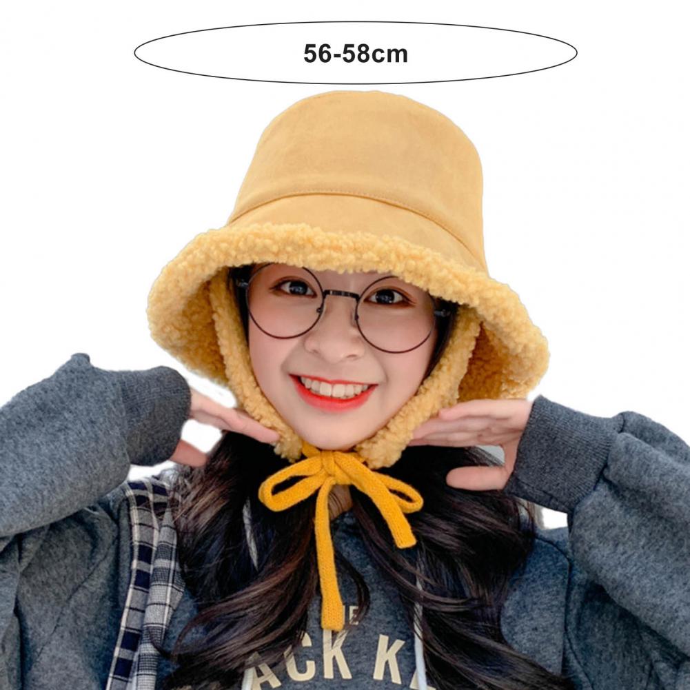 Women Hat Ear Flap Lace Up Bucket Hat Wide Brim Women Solid Color Cashmere Lined Fisherman Cap for Autumn Winter