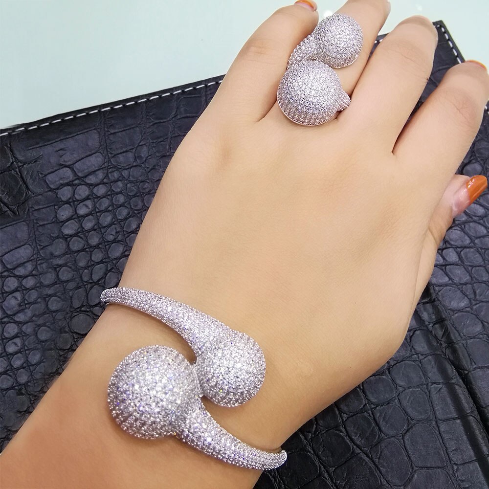 Godki 4 pçs disco bola charme conjuntos de jóias para o casamento feminino colar brinco pulseira anel cheio zircônia cúbica brinco conjunto de jóias: Silver Bangle Set