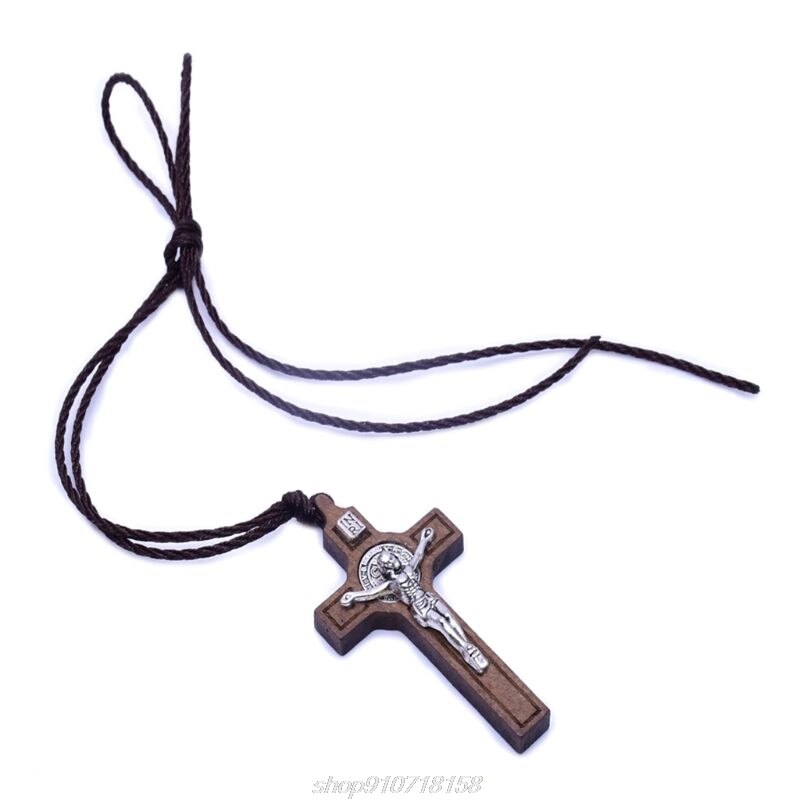 Retro Jesus Cross Ketting Hout Metalen Hanger Sieraden Mannen Vrouwen Katholieke Religieuze Charm J26 21