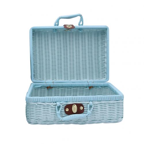 Vintage Draagbare Handgemaakte Rieten Rotan Geweven Mand Make Organizer Picknick Bagage Opslag Mand Custom-Made Hand Cadeau Mand: Sky Blue