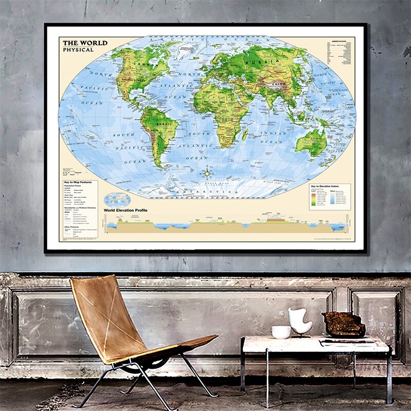 24x36 inches The World Physical Map With Key to the Map Features Spray Painting Home Wall Maps For Home Decoration