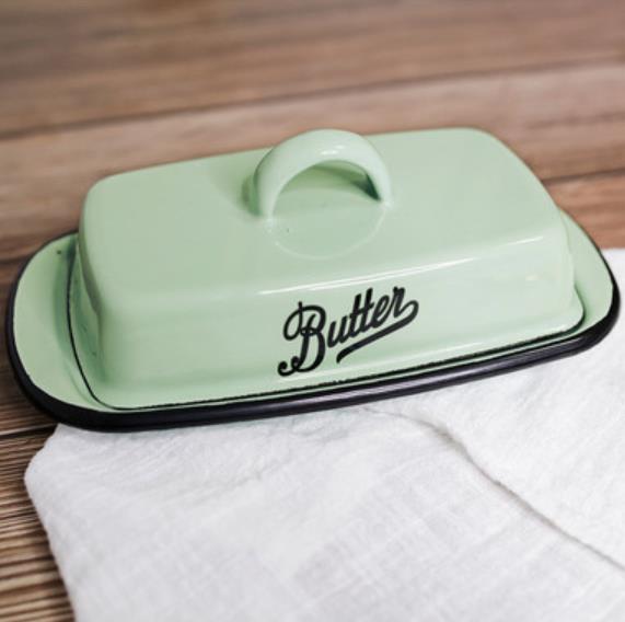Emaljebakke i retro amerikansk stil med låg dessertbakke smørboks osteopbevaringsboks bestik serveringsbakke emaljeprocesfremstilling