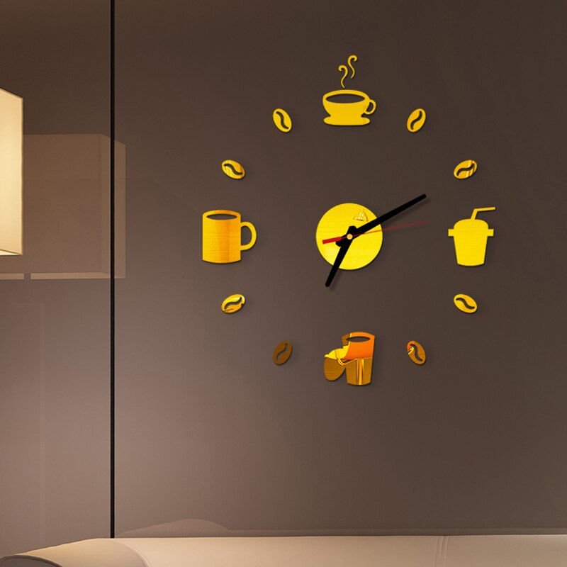 3D café moderne horloge murale muet ménage acrylique tasse en forme de ménage décoration batterie alimenté autocollant numérique cuisine