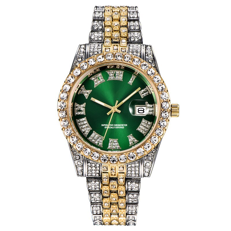 Alliceonyou Goud Zilver Kleur Zirconia Horloges Hip Hop Mode Diamanten Armband Roestvrij Staal Voor: Green