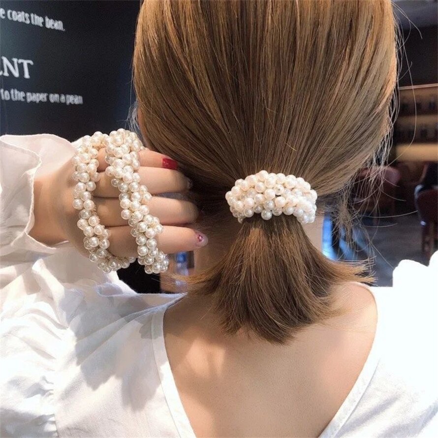 Lazos elegantes para el pelo para niña y mujer, gomas para el pelo con perlas, lazos de goma, coleteros, accesorios para el cabello, bandas elásticas para el cabello