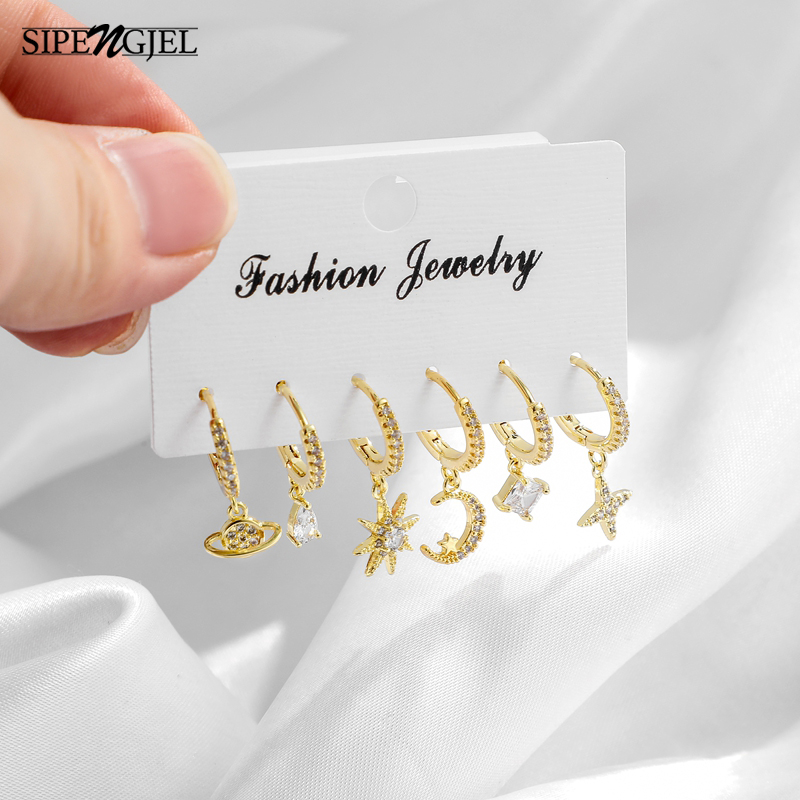SIPENGJEL orecchini a cerchio in cristallo di zircone lucido di moda Set orecchini pendenti a forma di stella geometrica per gioielli da donna 2021