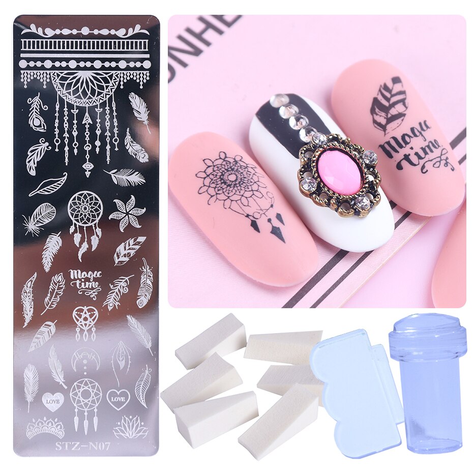 Pochoir pour ongles en dentelle, motifs de fleurs, papillons, feuilles, images d'animaux, tampons, grattoir, éponge, Kit d'outils BESTZN01-12: STZ-N07 Stamper Set