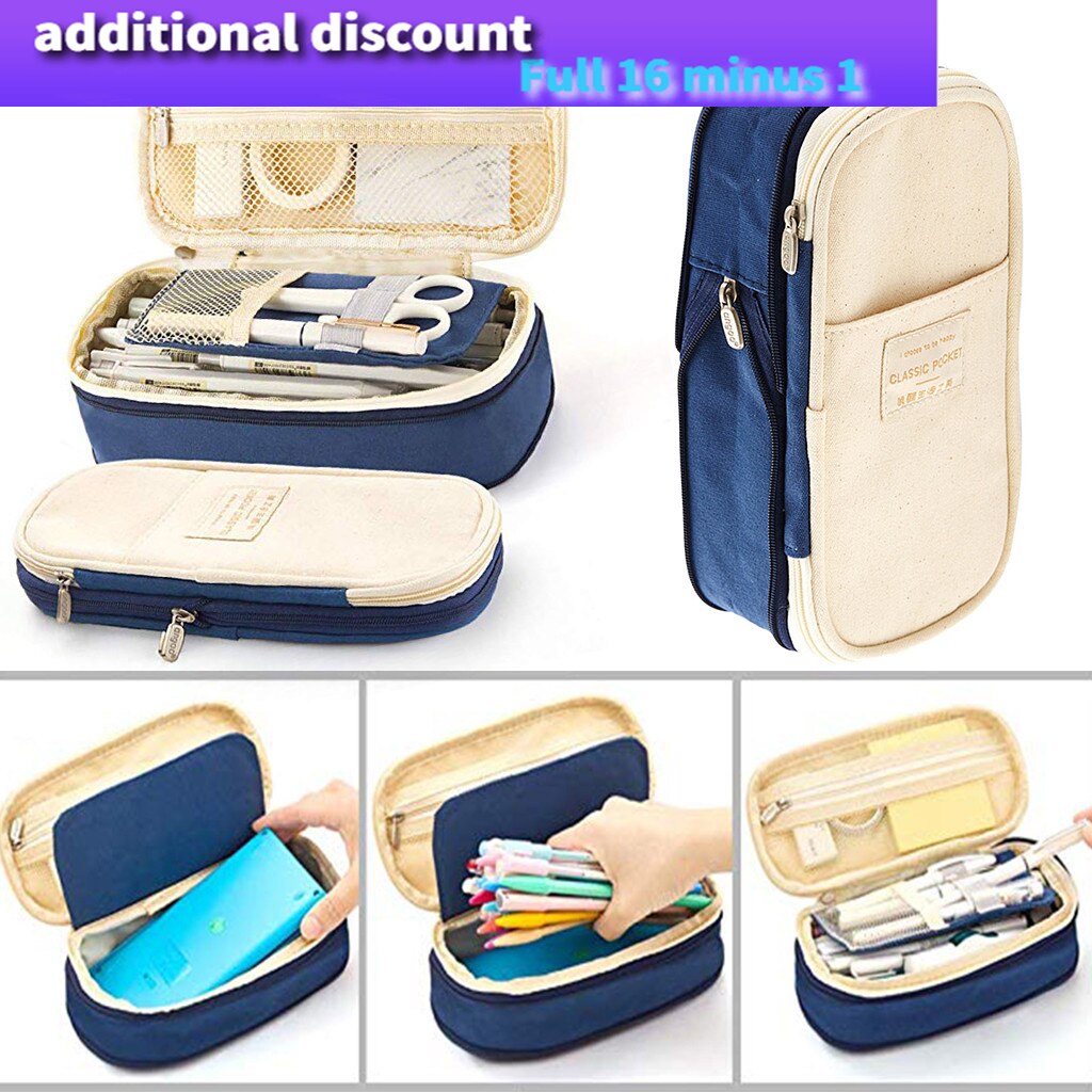 Multi-function school pencil storage bag stationery box large capacity canvas pen curtain box boy girl children stationery