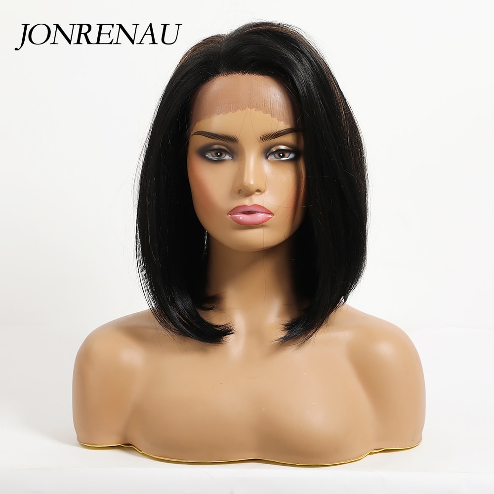 Jonrenau 10 Inch Korte Zwarte Kleur Bob Lace Front Synthetisch Haar Pruiken Voor Zwarte Vrouwen Rechte Kant Frontale Pruik Natuurlijke kleur