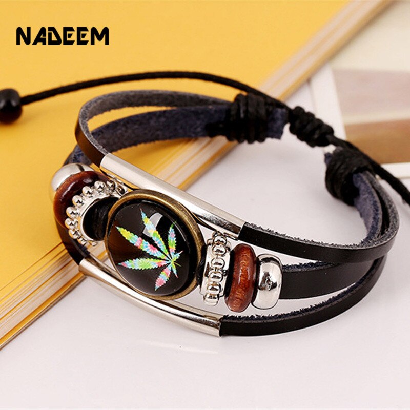 NADEEM-pulsera de cuero con de hoja de arce para hombre y mujer, brazalete ajustable de cuero trenzado, hecho a mano