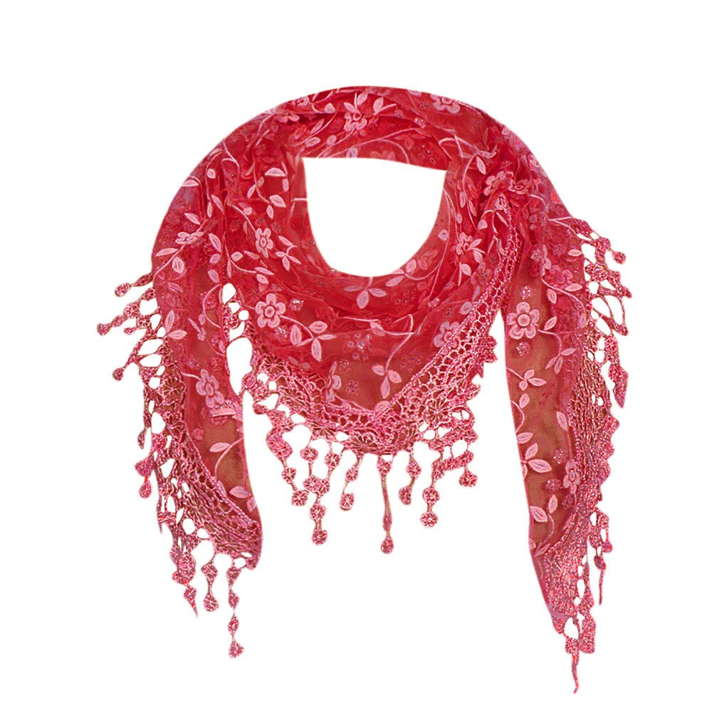 Women Lace Solid Color Scarf Lady Sheer Floral Scarf Shawl Wrap Tassel Scarf Panuelos De Mujer Para El Cuello Femme #T1P: Watermelon Red 