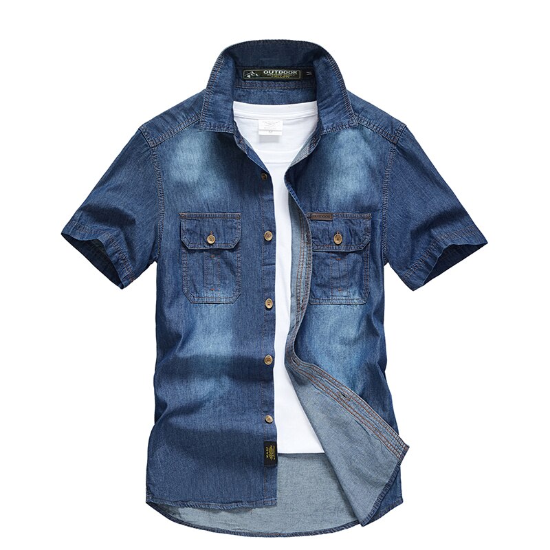 Uaicestar Zomer 100% Katoen Denim Korte Mouwen Heren Casual Slim Shirts Mannen shirts: Dark Blue / Xxxl
