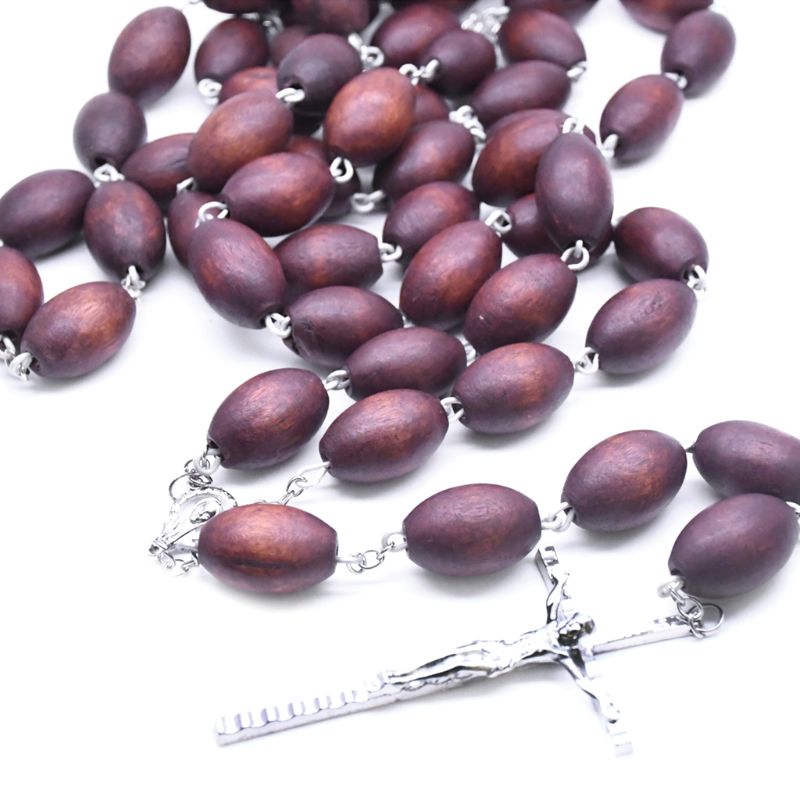 Handgemaakte Houten Kraal Katholieke Muur Decoratie Rozenkrans Kruis Religieuze Ketting Jesus Christian Sieraden Charm