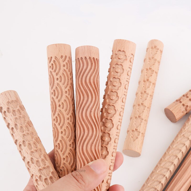 Rodillo de textura de madera para cerámica, herramienta de modelado con relieve de árbol, piedra, patrón de flores, rodillo de barro, escultura de cerámica artesanal