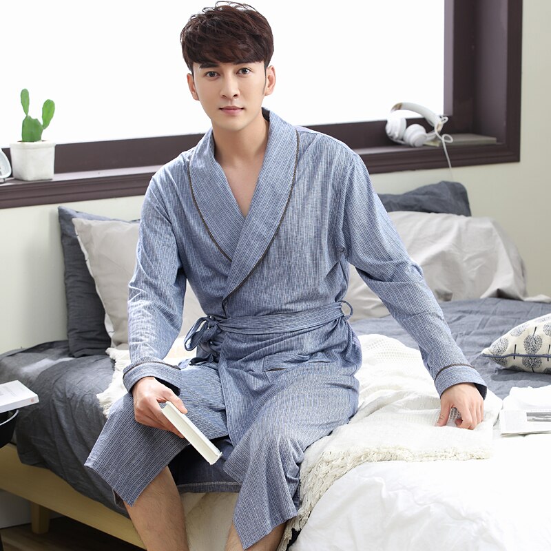 Spring bathrobe men cotton sleepwear nightgown mens knitting long sleeve soft autumn blue home hotel summer