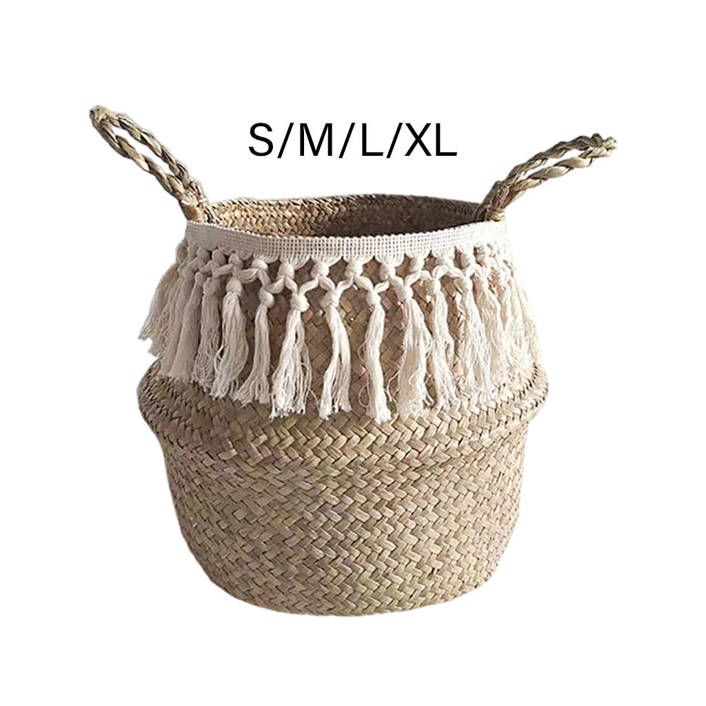 Panier à linge en osier avec pompon blanc, décoration de salon de jardin