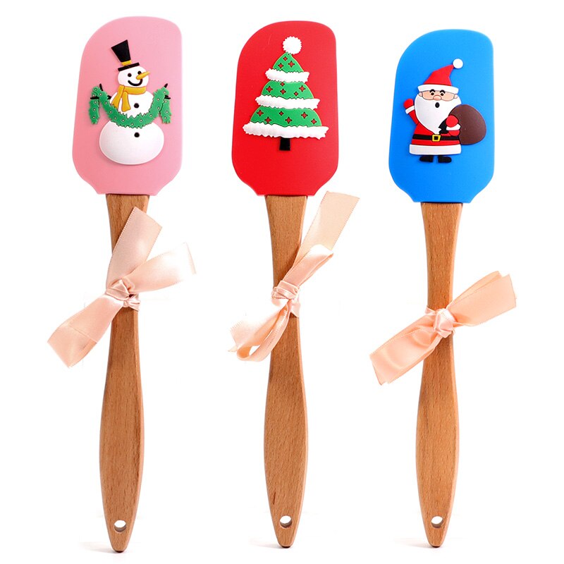 Silicone Spatulas beechwood handle - Kitchen Utensils Non-Stick for Cooking, Baking, Mixing and Christmas Decorating: Set of 3