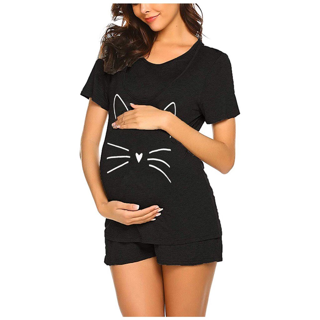 Maternity Clothes Short Sleeve Cute Print Breastfeediing T-shirt Tops+adjustable Shorts Set Nursing Pajamas Sleepwear Nightgown