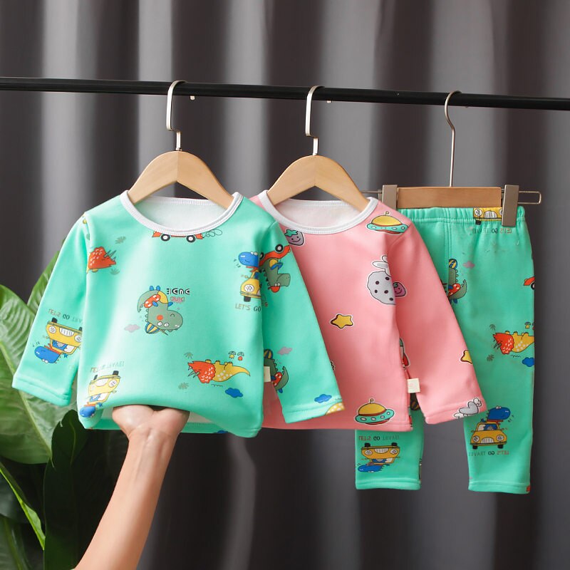 Crianças conjunto de roupa interior térmica crianças dos desenhos animados roupas outono inverno quente mais veludo espessado calças meninas camiseta calças pijama