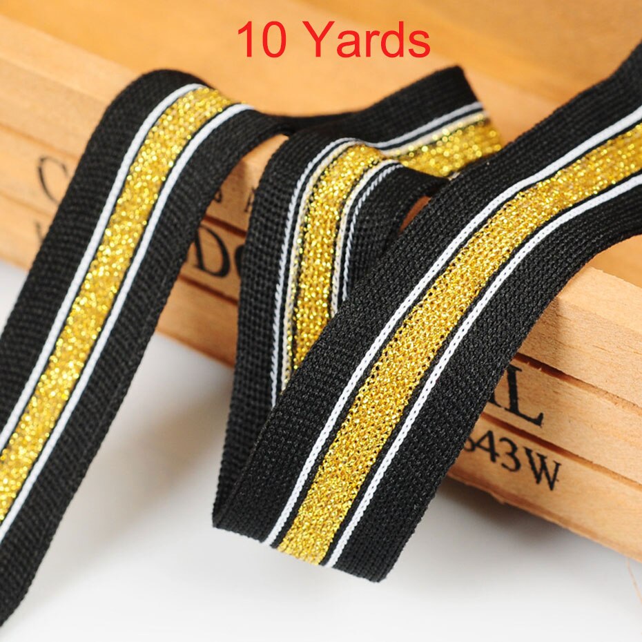 Cinta de punto a rayas plateadas/doradas para pantalones, cinta lateral para ropa, sombrero, bolsa, accesorios de decoración de costura, 10/20/40 yardas: 10 yards gold
