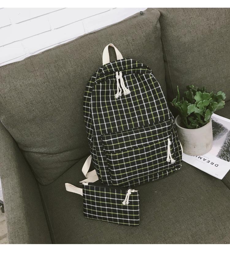 2set Plaid pattern Backpack Canvas Women Shoulder Bag Teenager Girl School Backpack Female Mochilas Bagpack: Black  2set