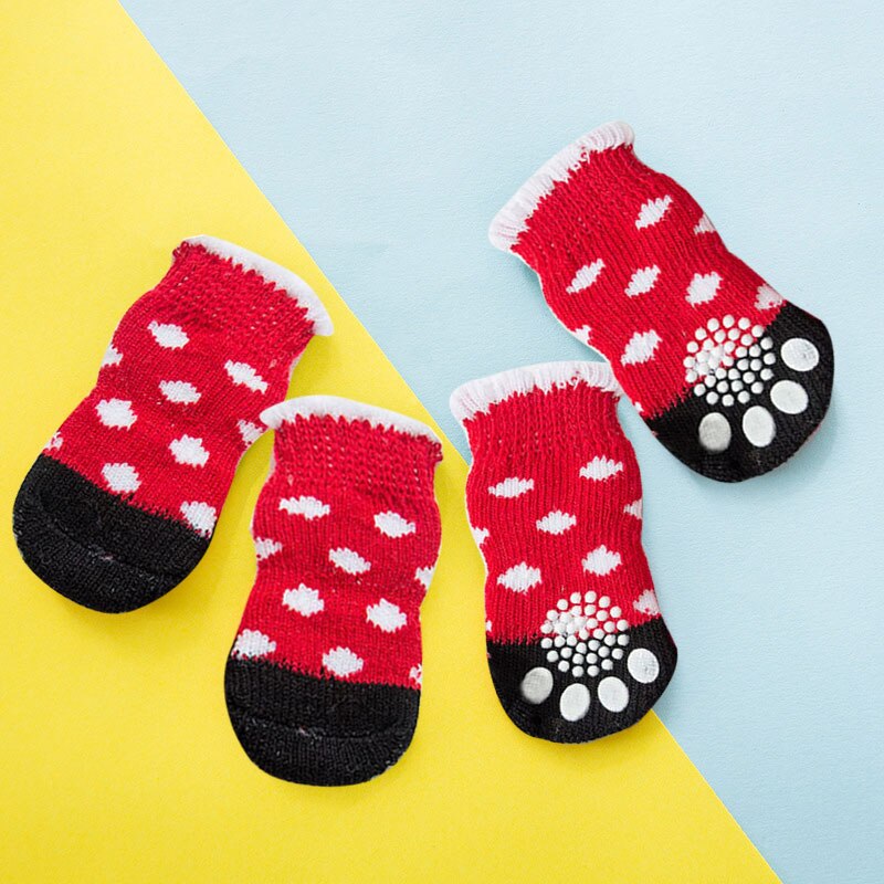 Calcetines antideslizantes con dibujos animados para mascota, medias cálidas informales para perro, Calcetines estampados para cachorros, perros pequeños y medianos, producto para mascotas, novedad: Rojo / L