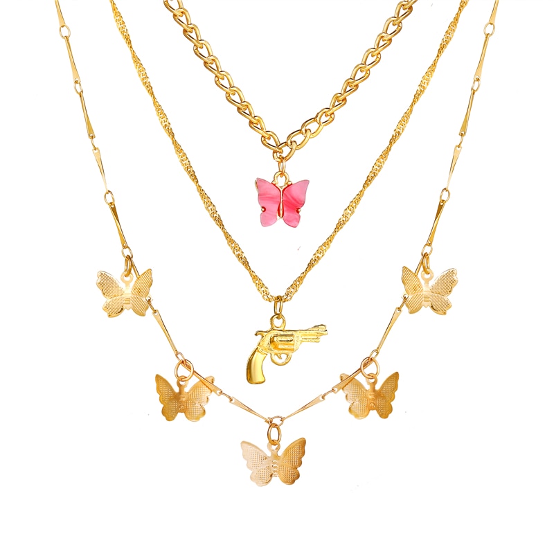 17KM Trendy Multilayered Butterfly Chain Necklace For Women Gold Pink Pistal Pendant Chain Necklaces Jewelry