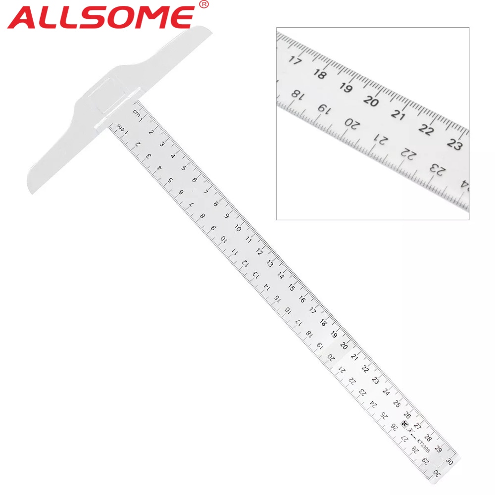 ALLSOME 30cm 30cm/12" Plastic T-Square Metric Ruler Measurement Tool Transparent Measure Ruler Woodworking Hand Tools
