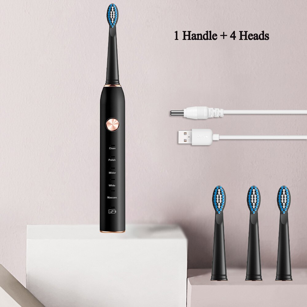 Sonic Electric Toothbrush USB Rechargeable 5 Modes Ultrasonic Automatic Brush Timer Waterproof Dental Brush Teeth Whitening: Black 4 heads
