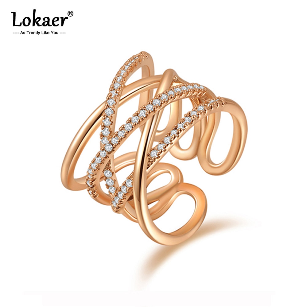 Lokaer cruz dupla do vintage x forma anéis para as mulheres strass micro pavimentado rosa cor ouro jóias presentes de natal r15040