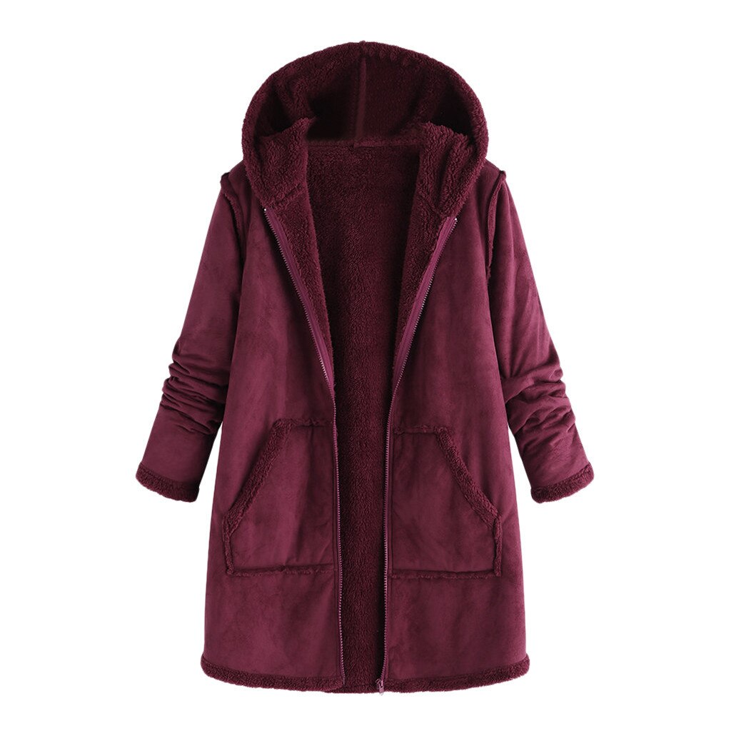 Women's Coat tops Pocket Winter Autumn Plush Hooded Long Sleeve Warm Coat Women Jacket Overcoat Blouse: Wine / 4XL