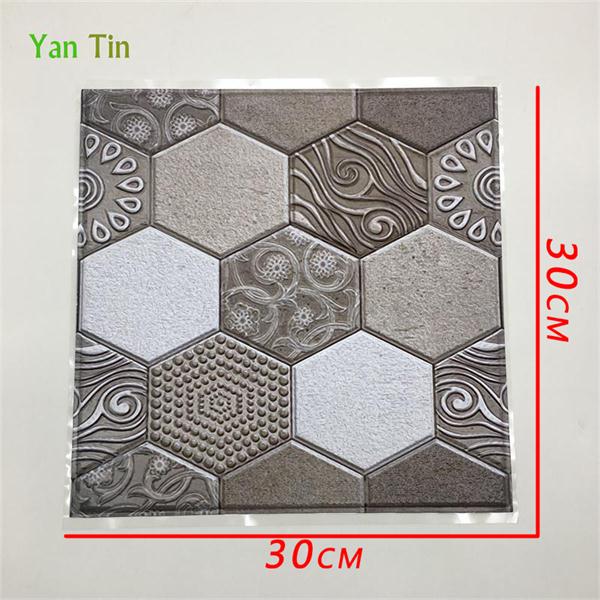 3D Tricolor Emboss Pattern Retro Tiles Wall Sticker Kitchen Shower Room Bedroom Waist Line Tile Wall Decals Removable Art Mural: 30CMX30CMX1PCS
