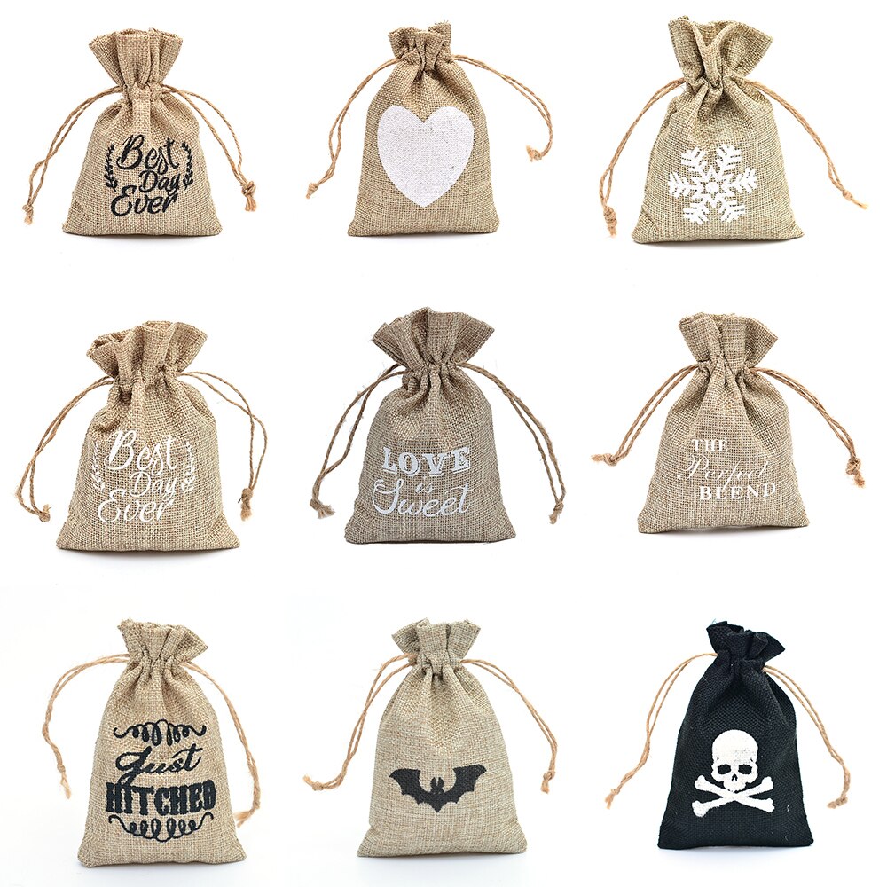 Petit sac de petites friandises de mariage en toile de jute en Jute, avec cordon, pour bonbons, bijoux, café, décor de noël,
